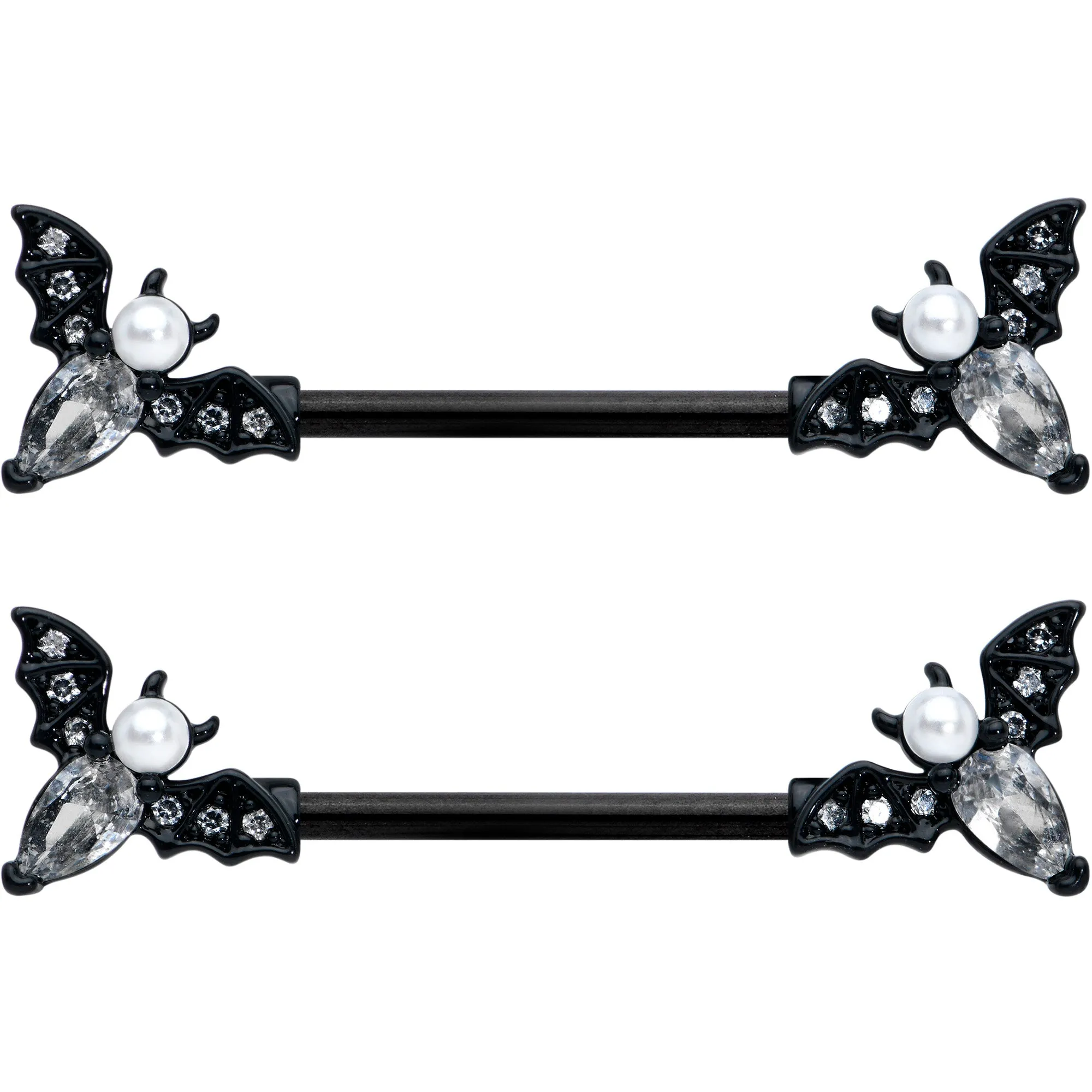 14 Gauge 5/8 Clear Gem Black Flying Bats Halloween Nipple Ring Set