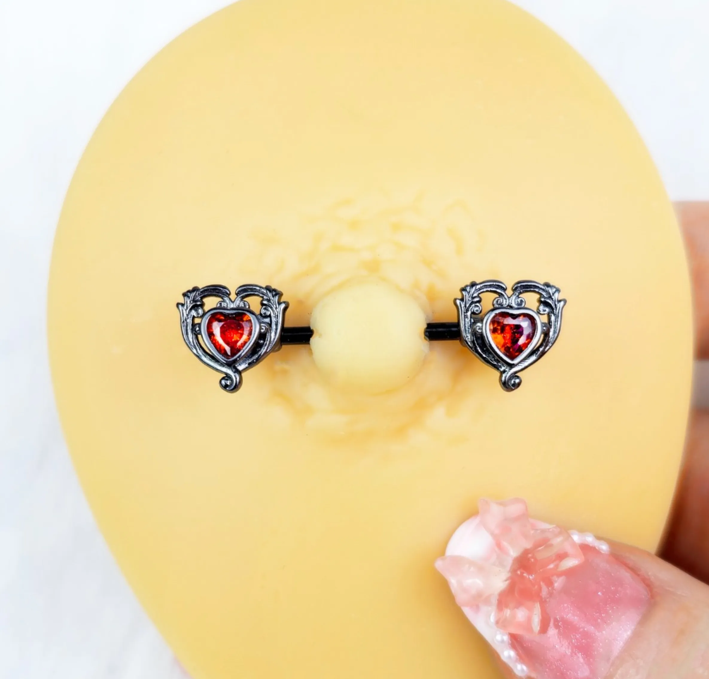 14 Gauge 9/16 Red CZ Gem Black Passion Heart Barbell Nipple Ring Set