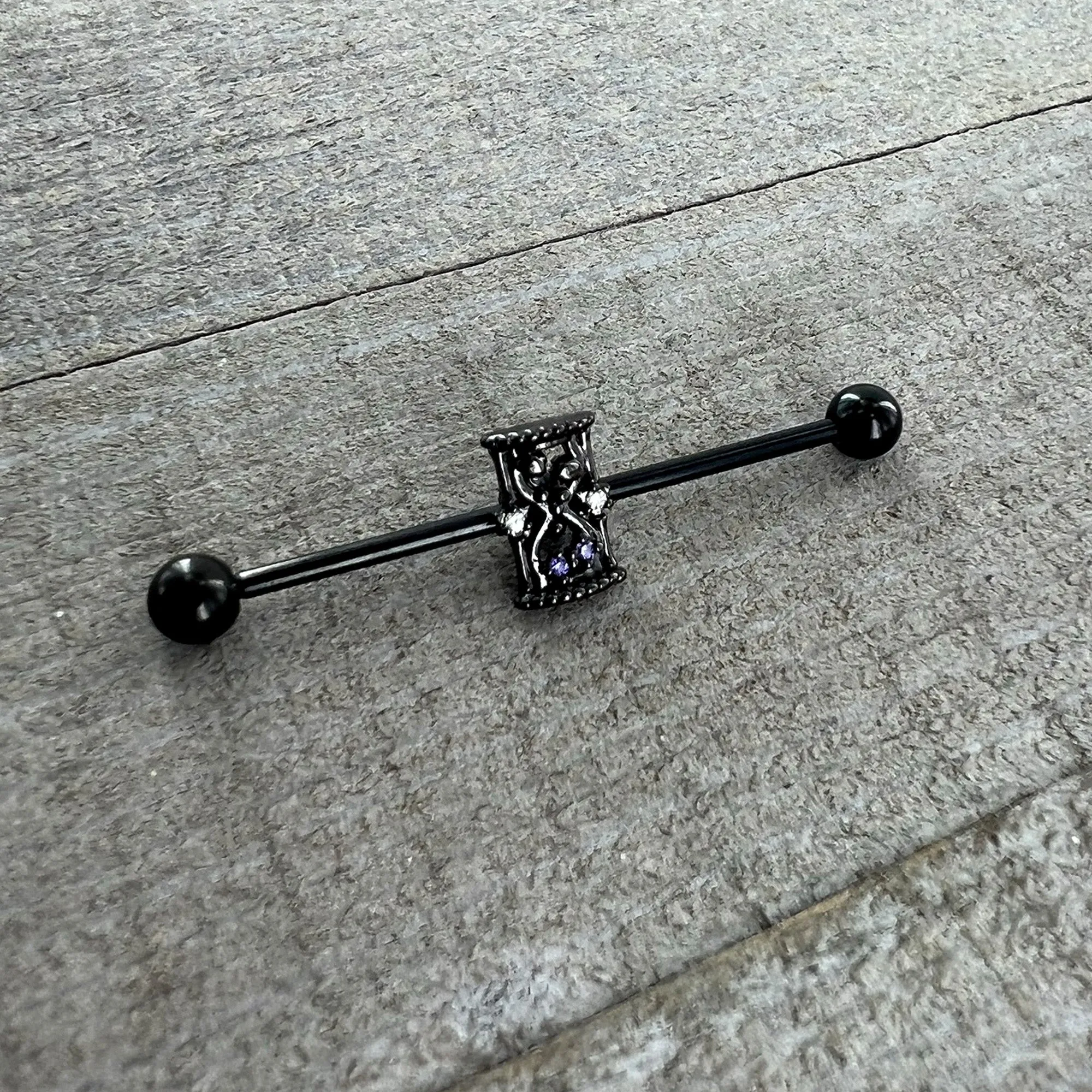 14 Gauge Purple Gem Black Gothic Hourglass Industrial Barbell 38mm