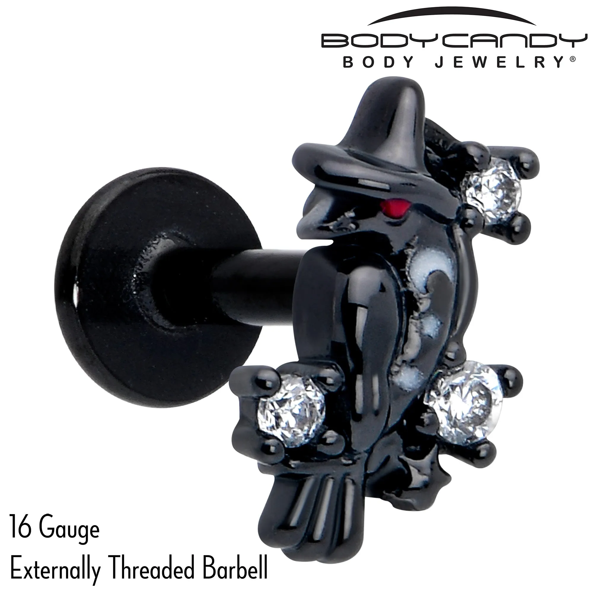 16 Gauge 1/4 Clear CZ Gem Black Raven Witch Labret Monroe Tragus