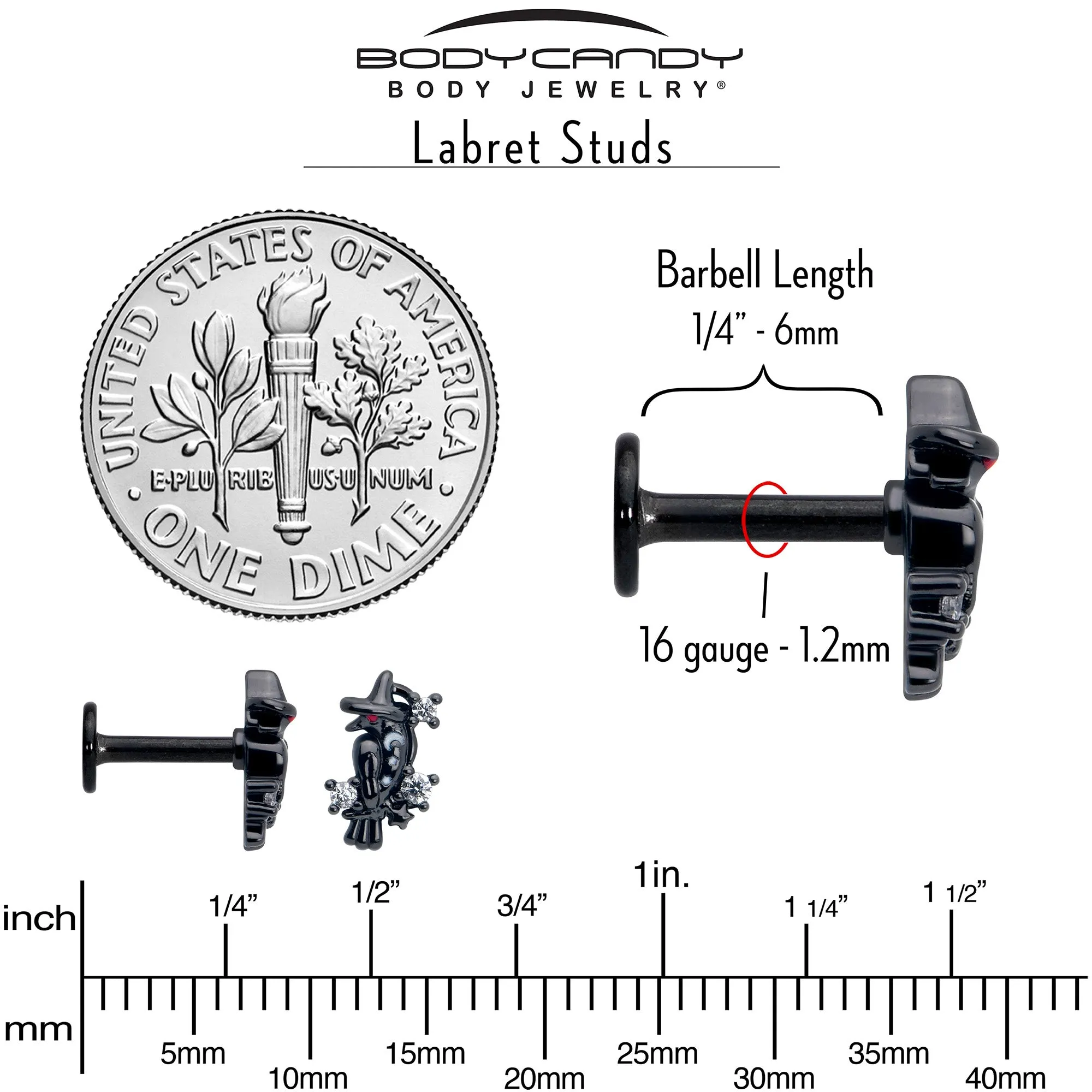 16 Gauge 1/4 Clear CZ Gem Black Raven Witch Labret Monroe Tragus