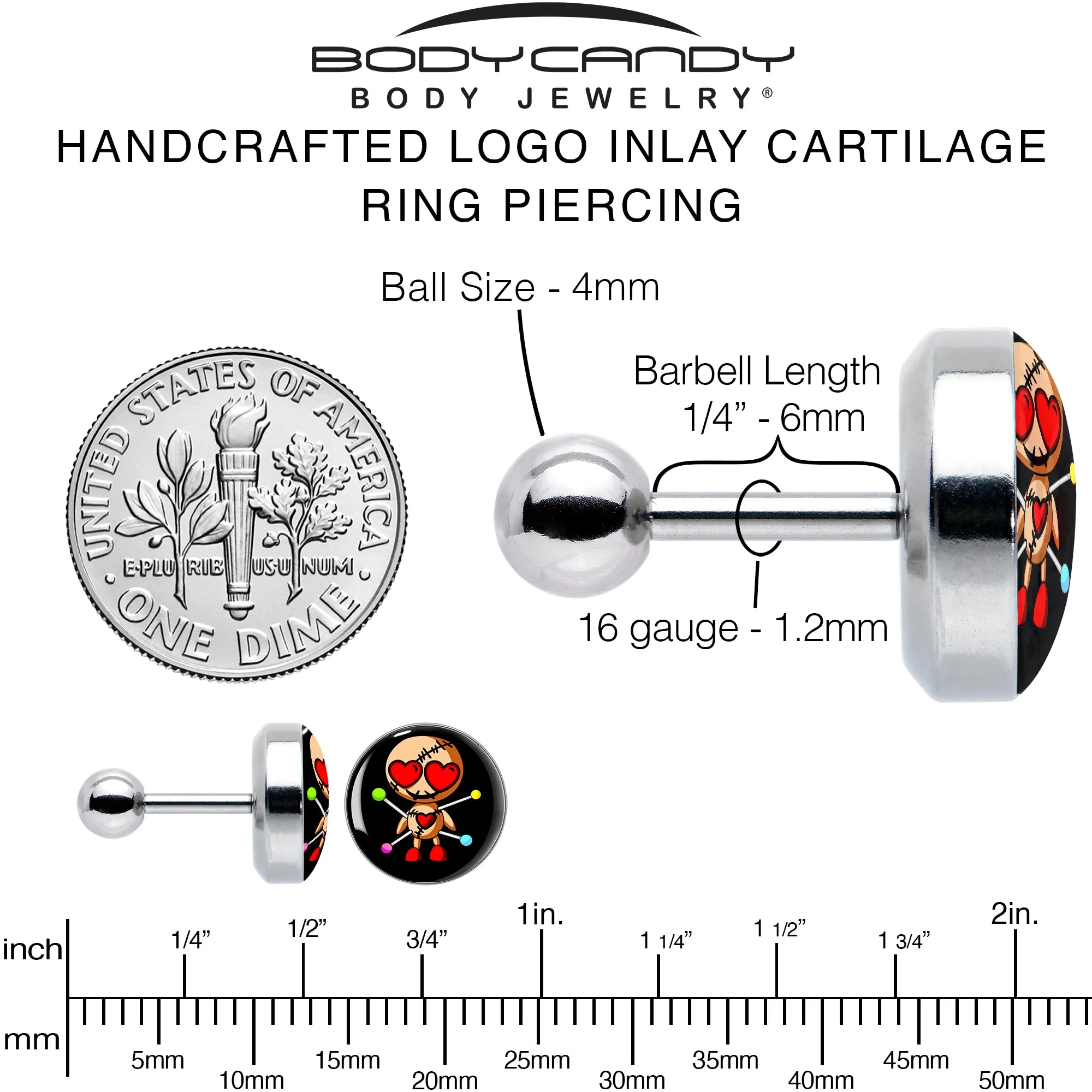 16 Gauge Valentine Heart Voodoo Doll Tragus Cartilage Earring