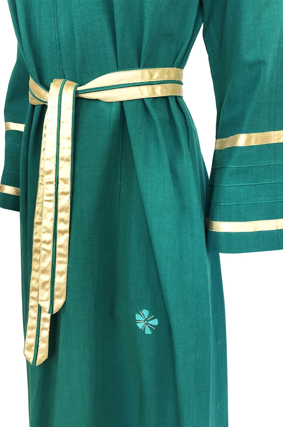 1960s Josefa Hand Embroidered Ribbon Detailed Teal Caftan Dress w Belt