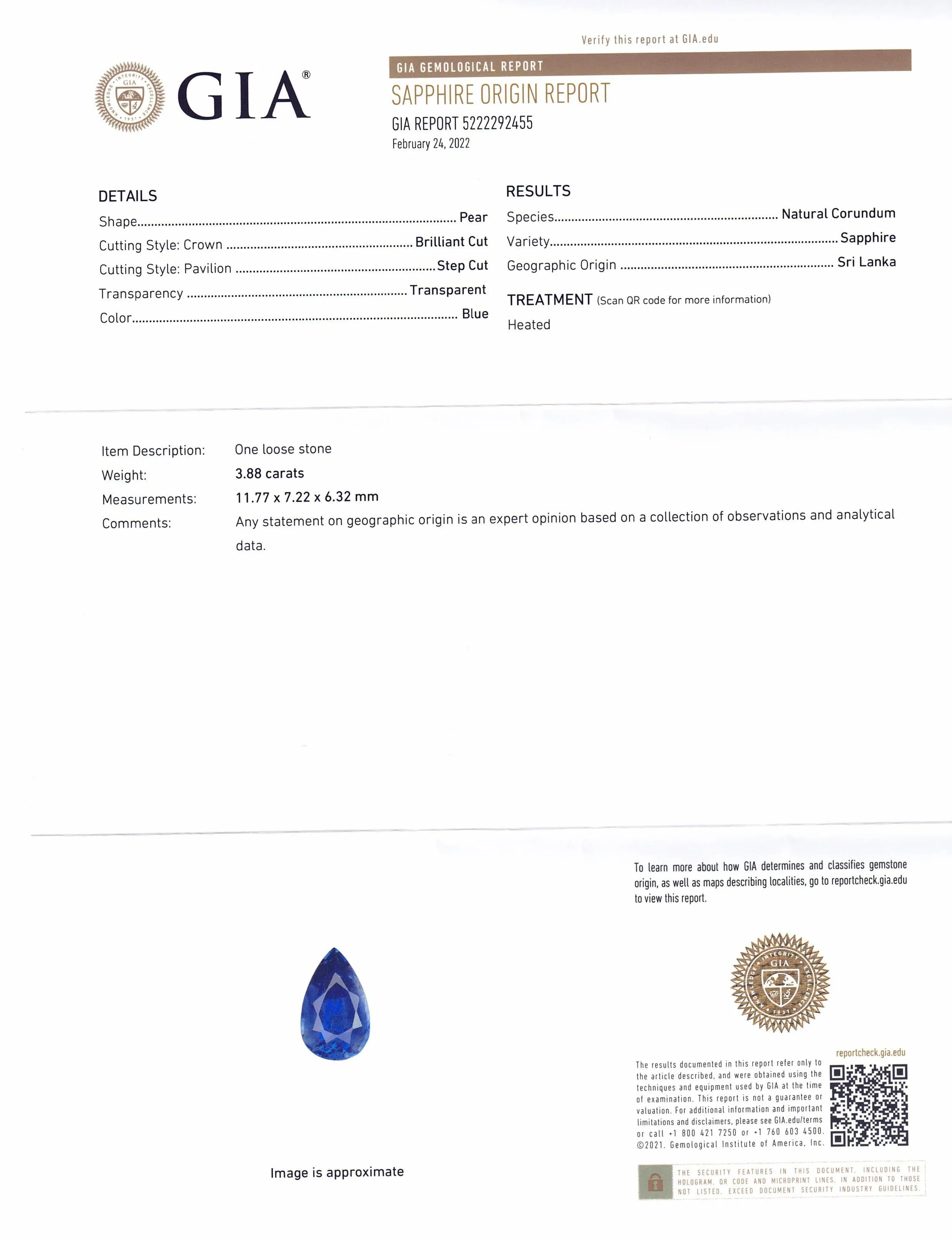 3.88ct Pear Royal Blue Sapphire GIA Certified Sri Lanka