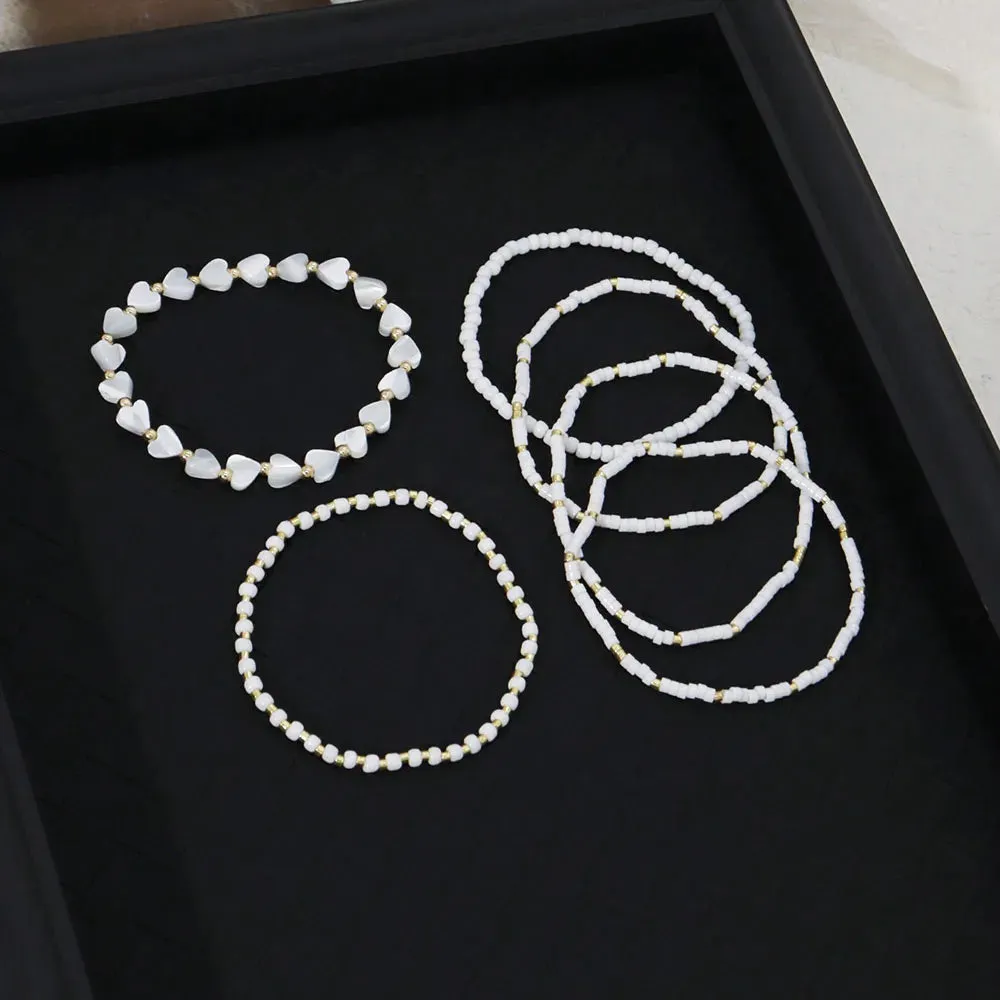 6pc White Bead, Heart & Shell Bracelet Set | Handmade Elastic Layered Bracelets | Gift for Any Occasion