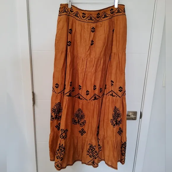 Anthropologie Brown Embroidered Mirta Maxi Skirt Size 14
