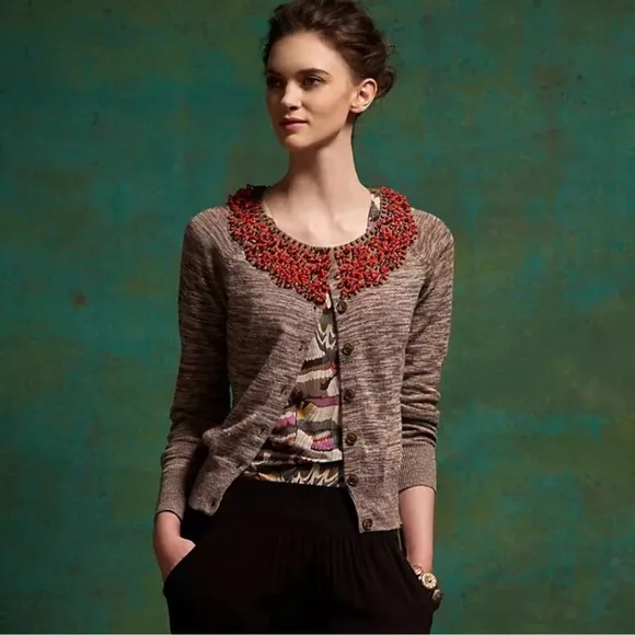 Anthropologie Moth Jewelers Choice Heather Brown Spice Cardigan Women’s Sz Small