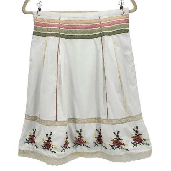 Anthropologie Odille Embroidered Floral Ivory Multicolor Short A-line Skirt Wome