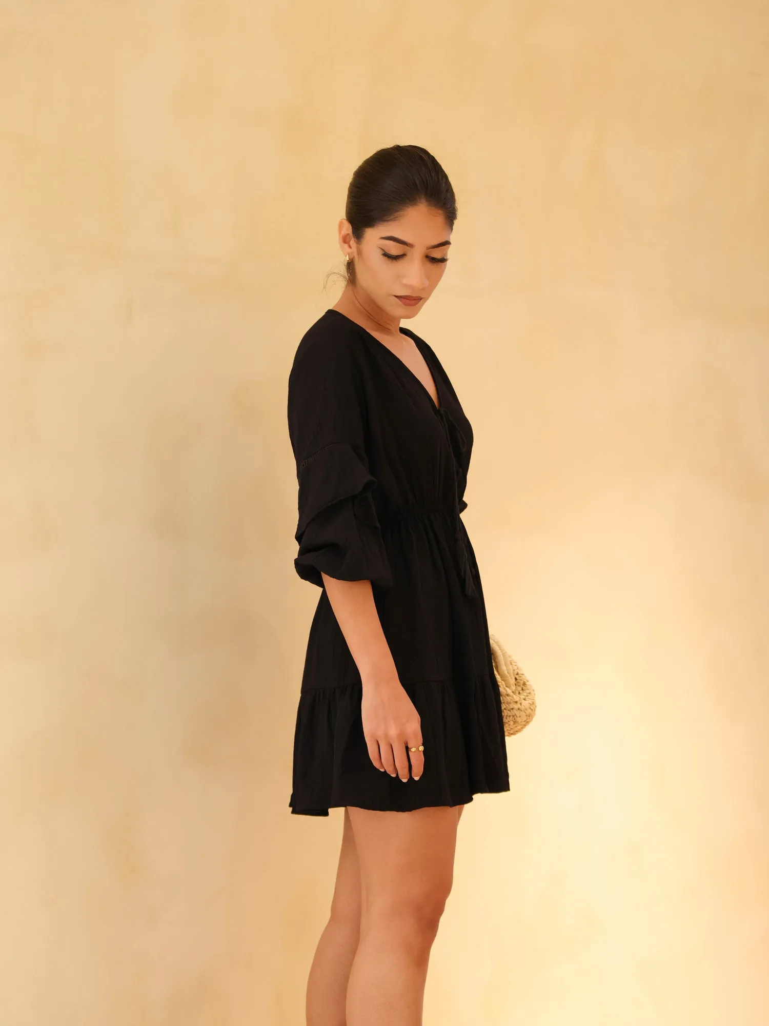 Balloon Sleeved Button Down Mini Dress