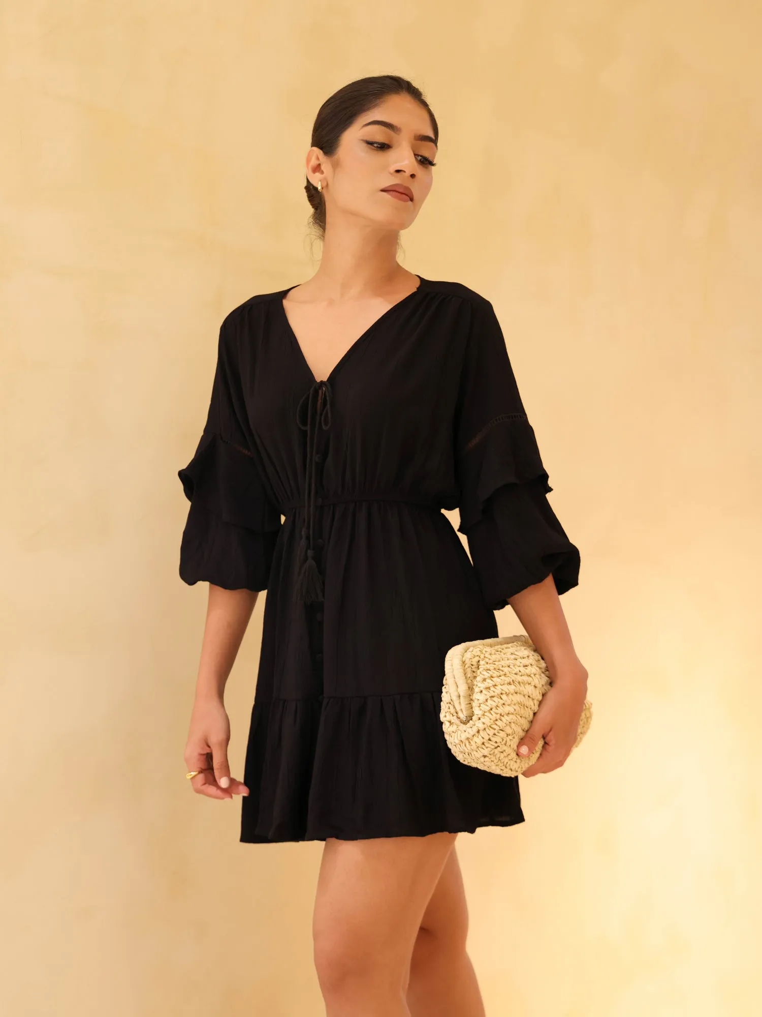 Balloon Sleeved Button Down Mini Dress