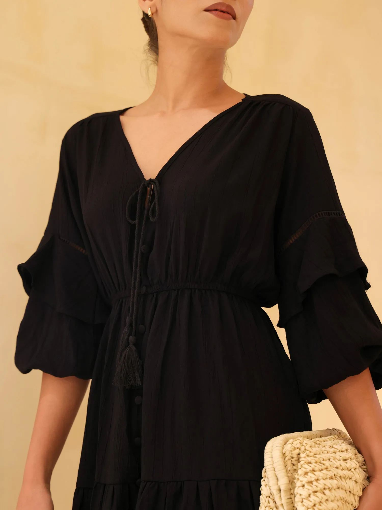 Balloon Sleeved Button Down Mini Dress