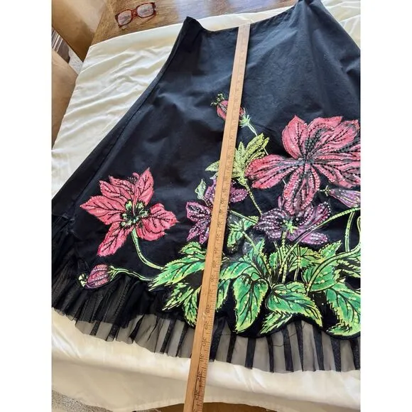 Basil &amp; Maude Anthropologie Embroidered Sequin Black Pink Floral Skirt Women's 6