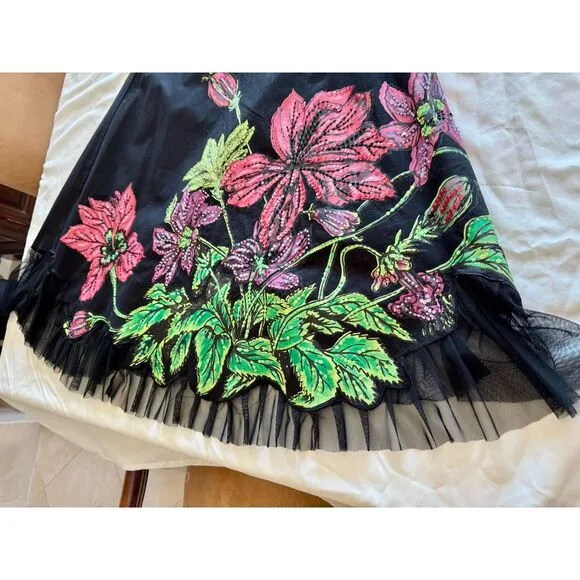Basil &amp; Maude Anthropologie Embroidered Sequin Black Pink Floral Skirt Women's 6