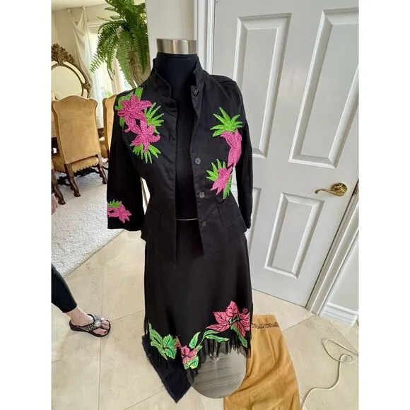 Basil &amp; Maude Anthropologie Embroidered Sequin Black Pink Floral Skirt Women's 6