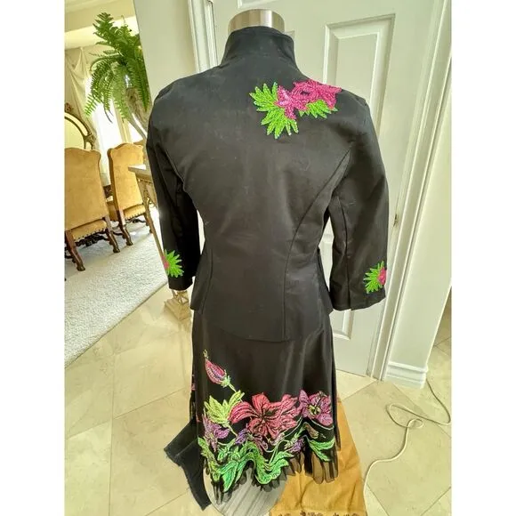 Basil &amp; Maude Anthropologie Embroidered Sequin Black Pink Floral Skirt Women's 6
