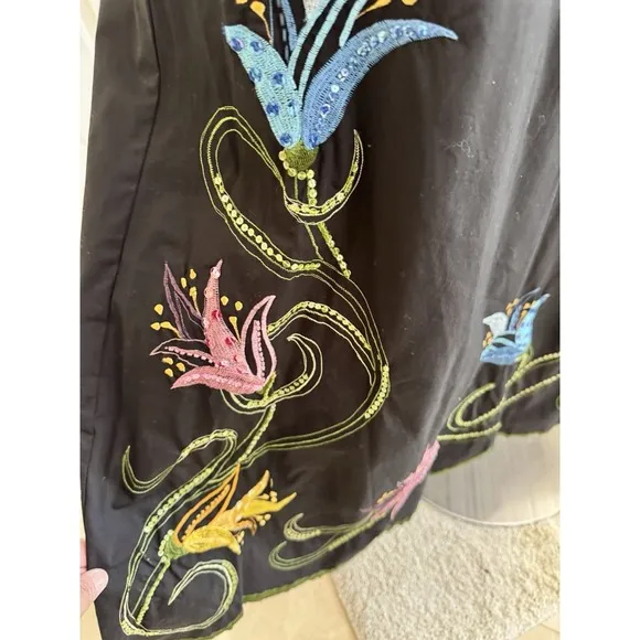 Basil &amp; Maude Embroidered Sequin Black Pink Blue Floral Skirt Women's 2 Boho