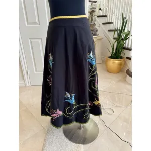Basil &amp; Maude Embroidered Sequin Black Pink Blue Floral Skirt Women's 2 Boho