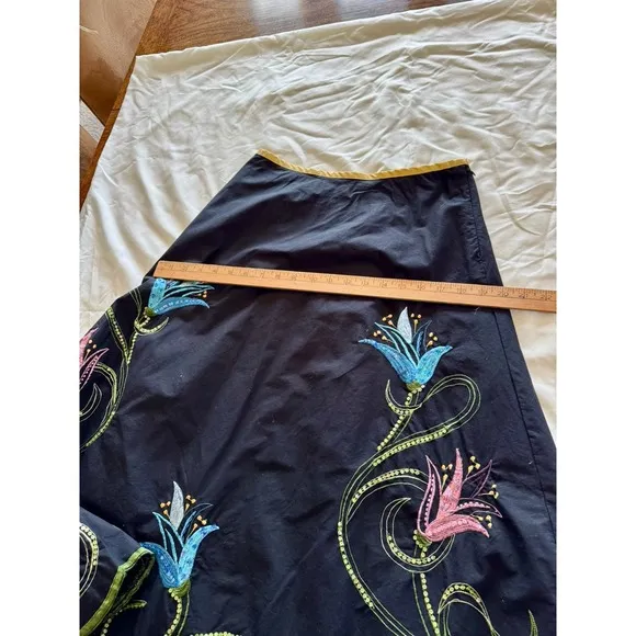 Basil &amp; Maude Embroidered Sequin Black Pink Blue Floral Skirt Women's 2 Boho
