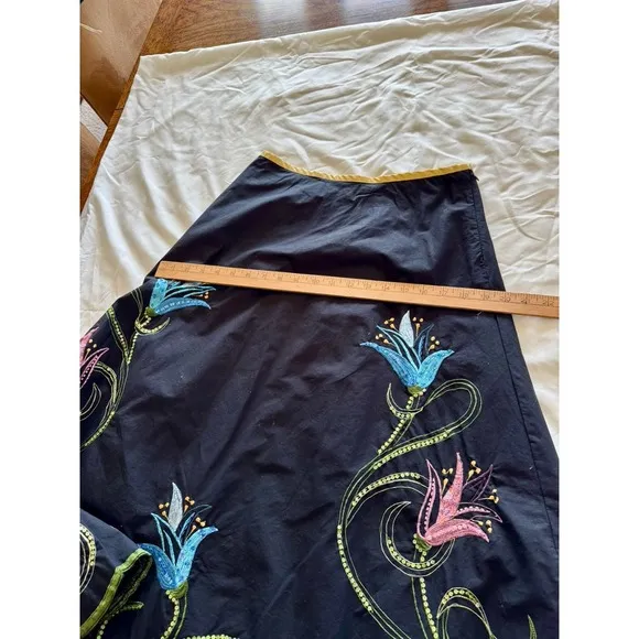 Basil &amp; Maude Embroidered Sequin Black Pink Blue Floral Skirt Women's 2 Boho