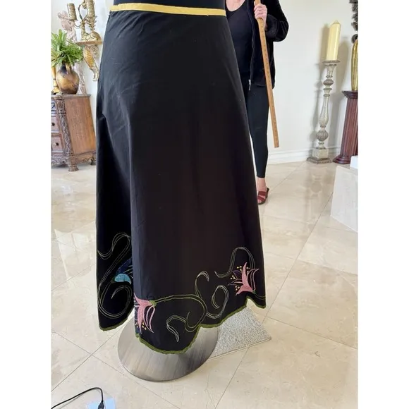 Basil &amp; Maude Embroidered Sequin Black Pink Blue Floral Skirt Women's 2 Boho