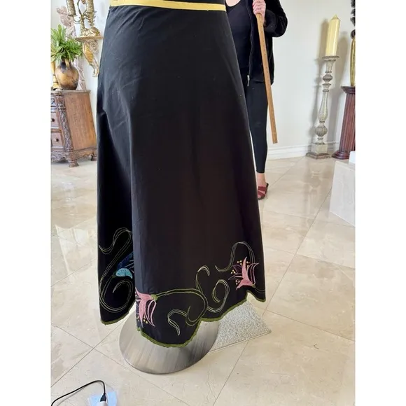 Basil &amp; Maude Embroidered Sequin Black Pink Blue Floral Skirt Women's 2 Boho