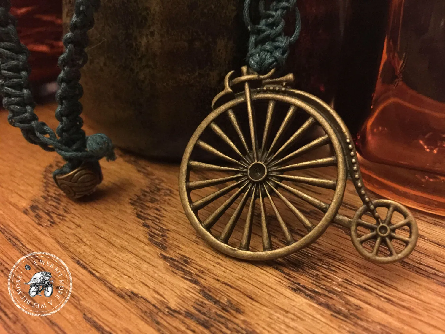 Bicycle Macramé Necklace . Old Tyme Bicycle Pendant . Brass Pendant with Metal Beads