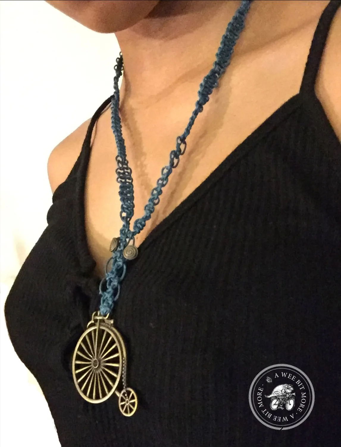 Bicycle Macramé Necklace . Old Tyme Bicycle Pendant . Brass Pendant with Metal Beads
