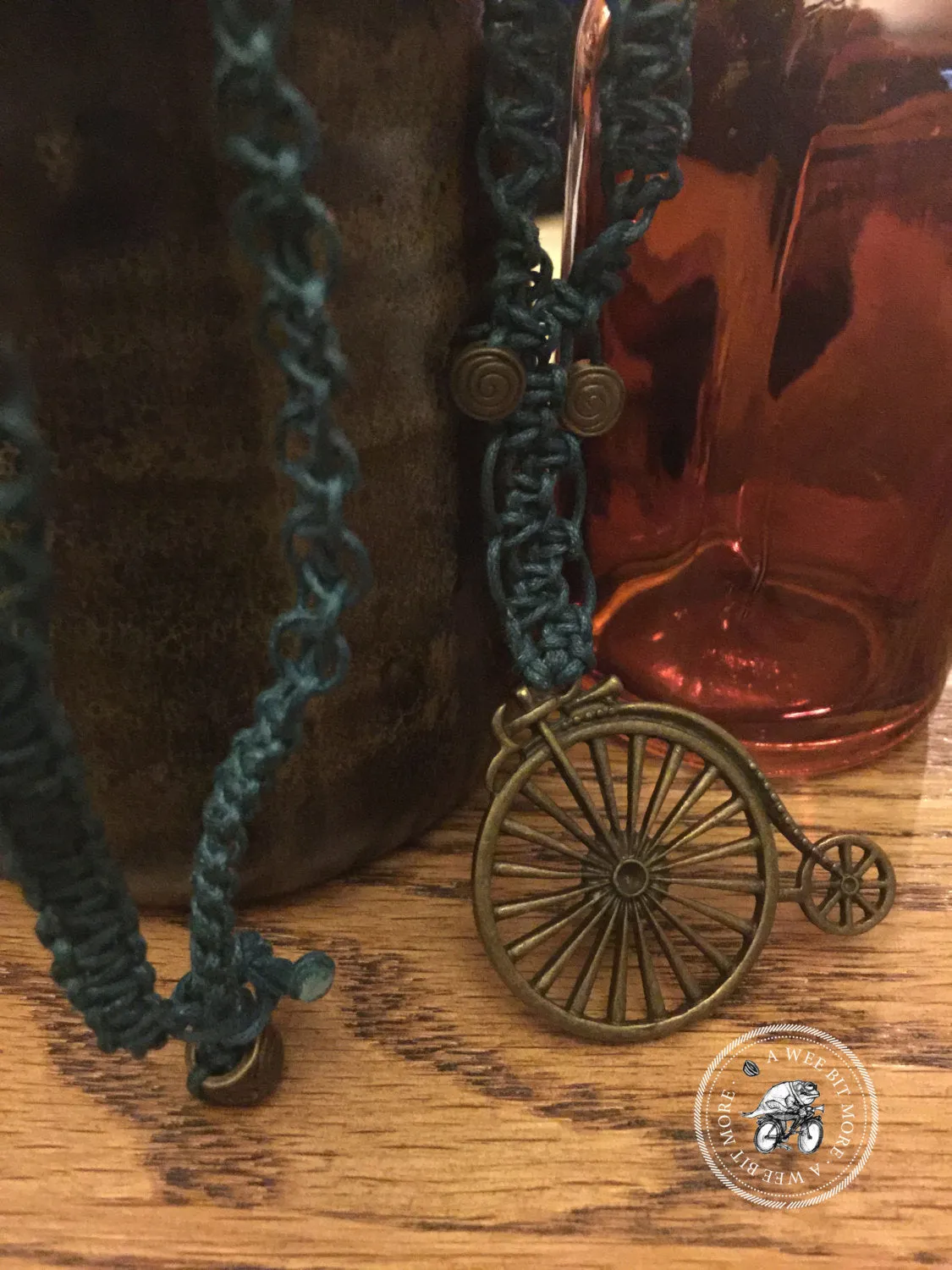 Bicycle Macramé Necklace . Old Tyme Bicycle Pendant . Brass Pendant with Metal Beads
