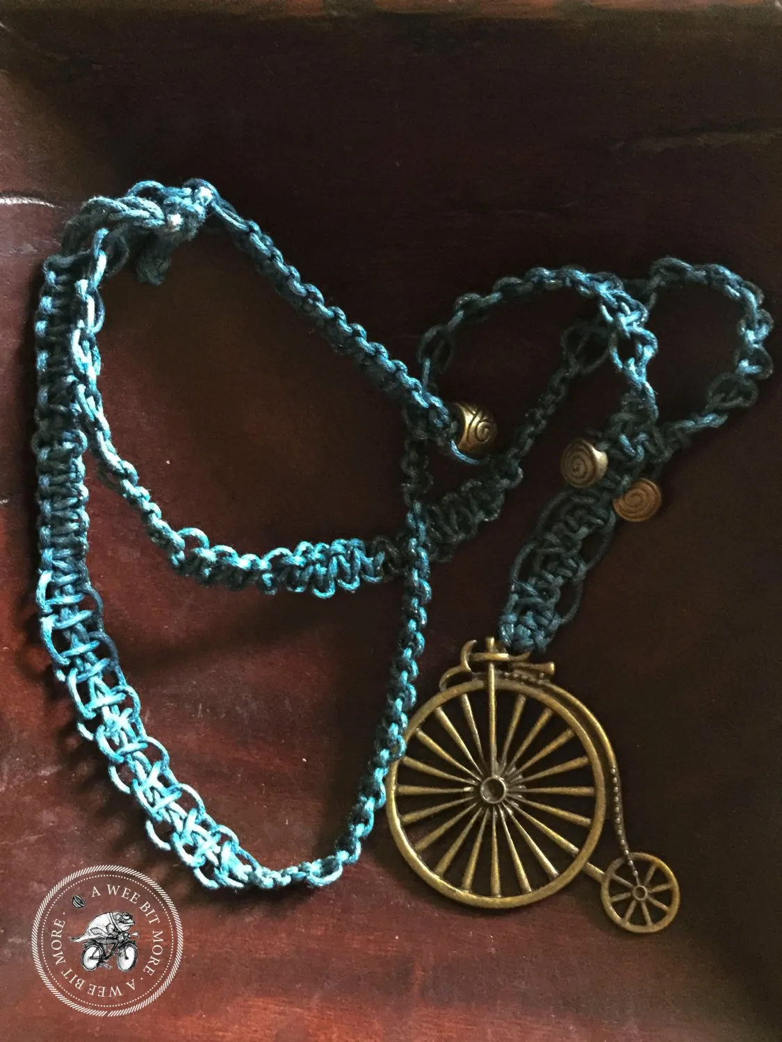 Bicycle Macramé Necklace . Old Tyme Bicycle Pendant . Brass Pendant with Metal Beads