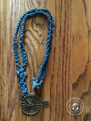 Bicycle Macramé Necklace . Old Tyme Bicycle Pendant . Brass Pendant with Metal Beads