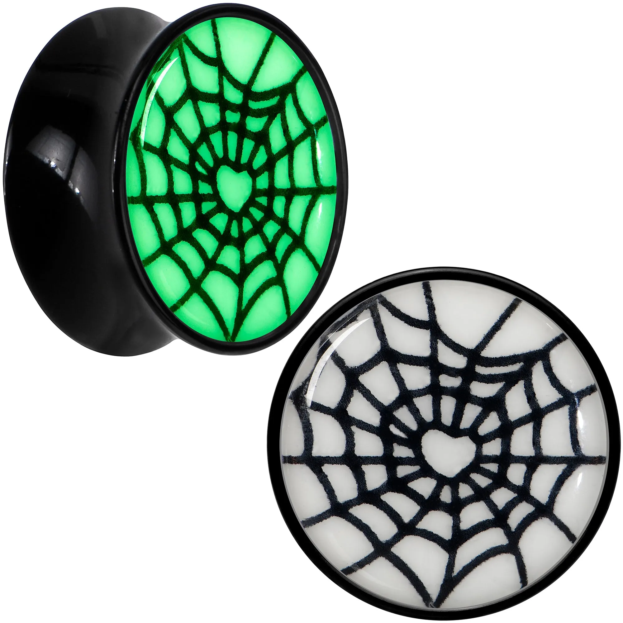 Black Acrylic Heart Spider Web Glow in the Dark Double Flare Plug Set