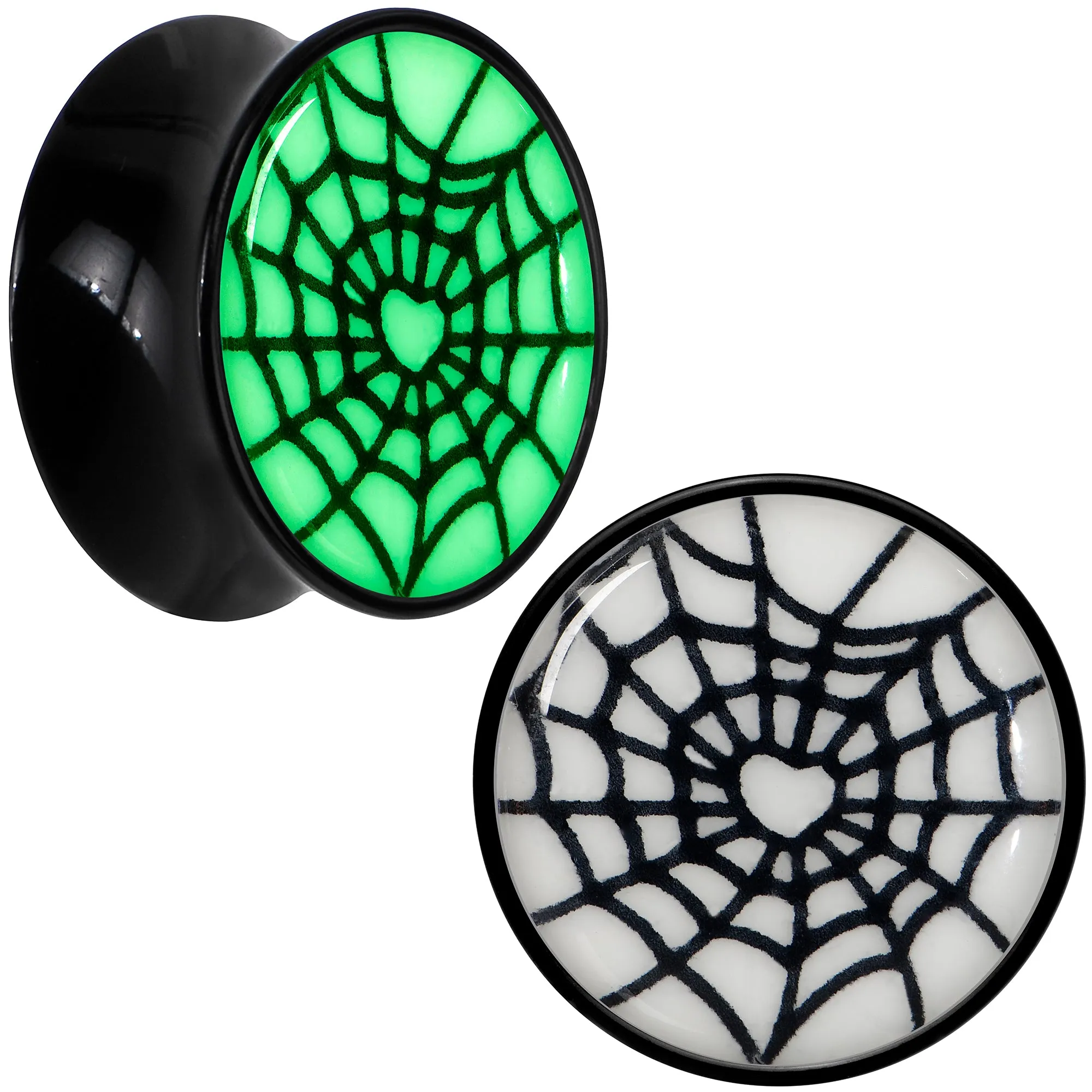 Black Acrylic Heart Spider Web Glow in the Dark Double Flare Plug Set