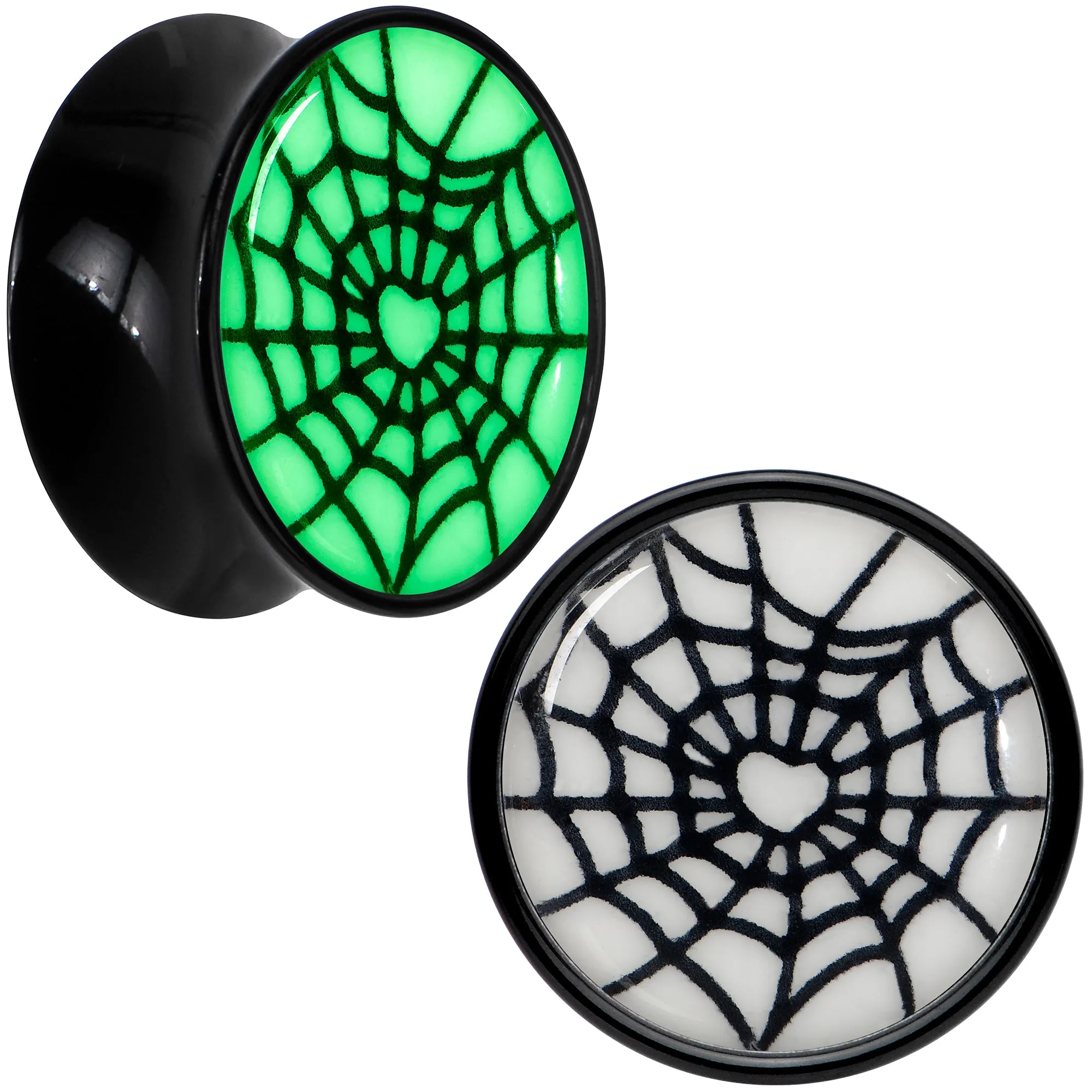 Black Acrylic Heart Spider Web Glow in the Dark Double Flare Plug Set