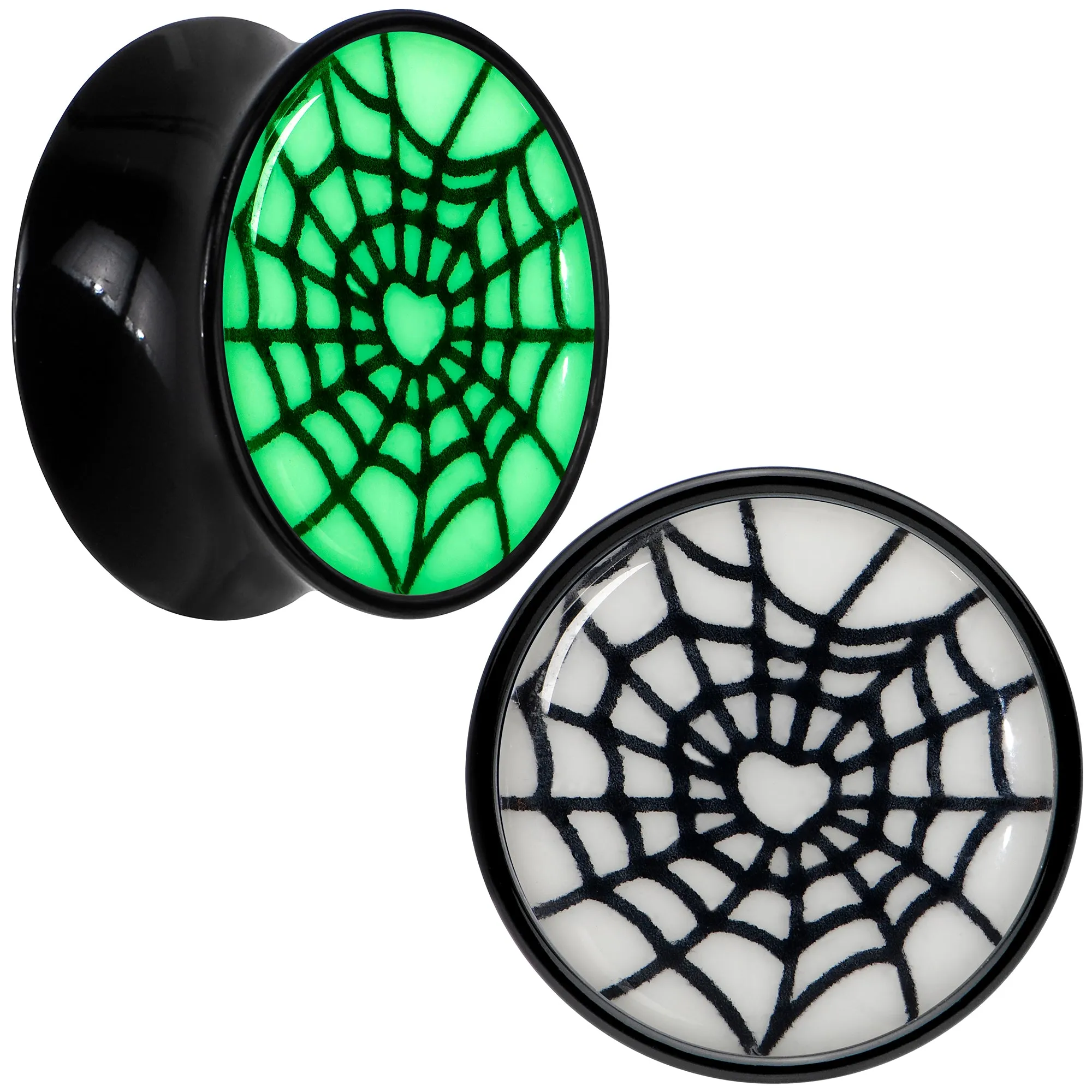 Black Acrylic Heart Spider Web Glow in the Dark Double Flare Plug Set
