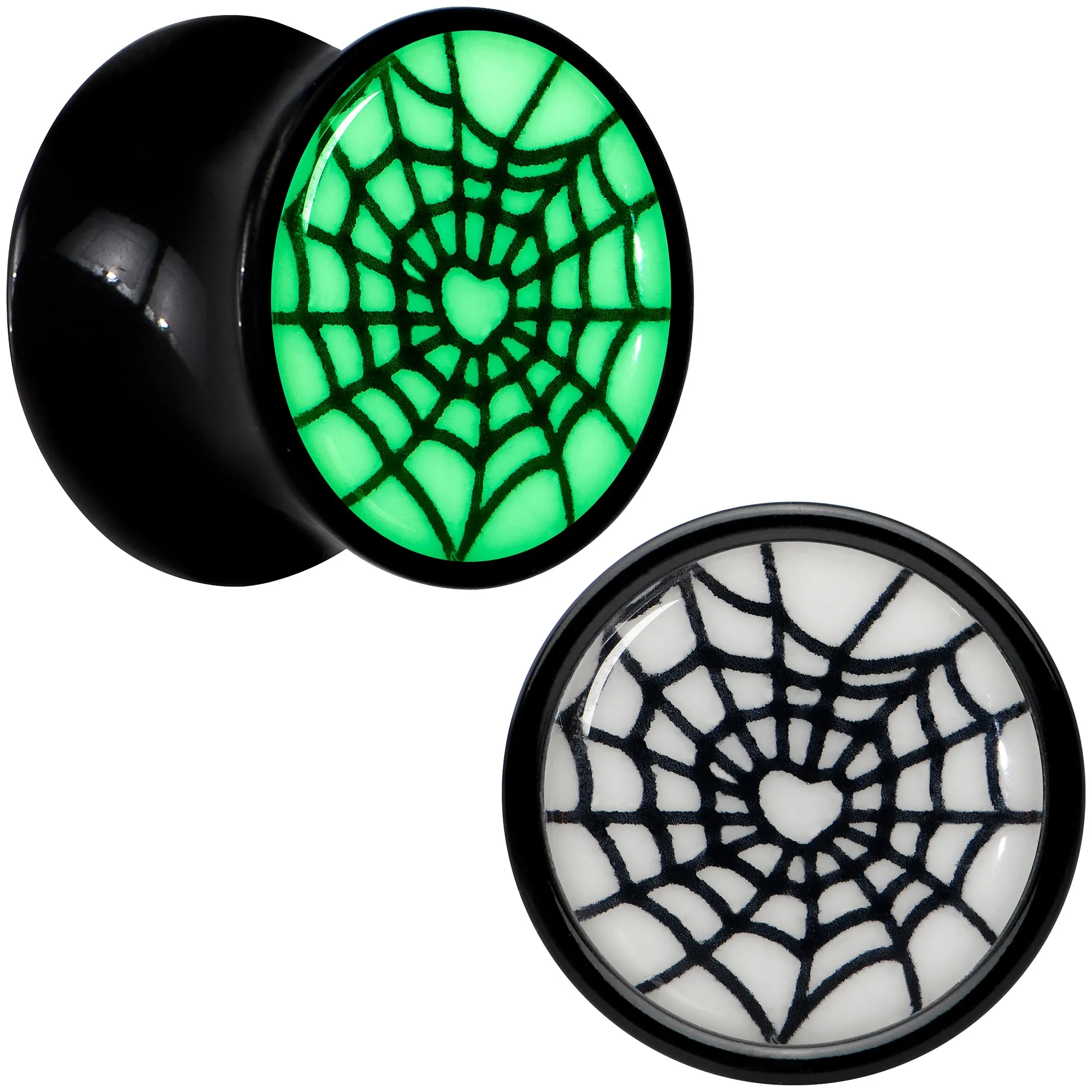 Black Acrylic Heart Spider Web Glow in the Dark Double Flare Plug Set