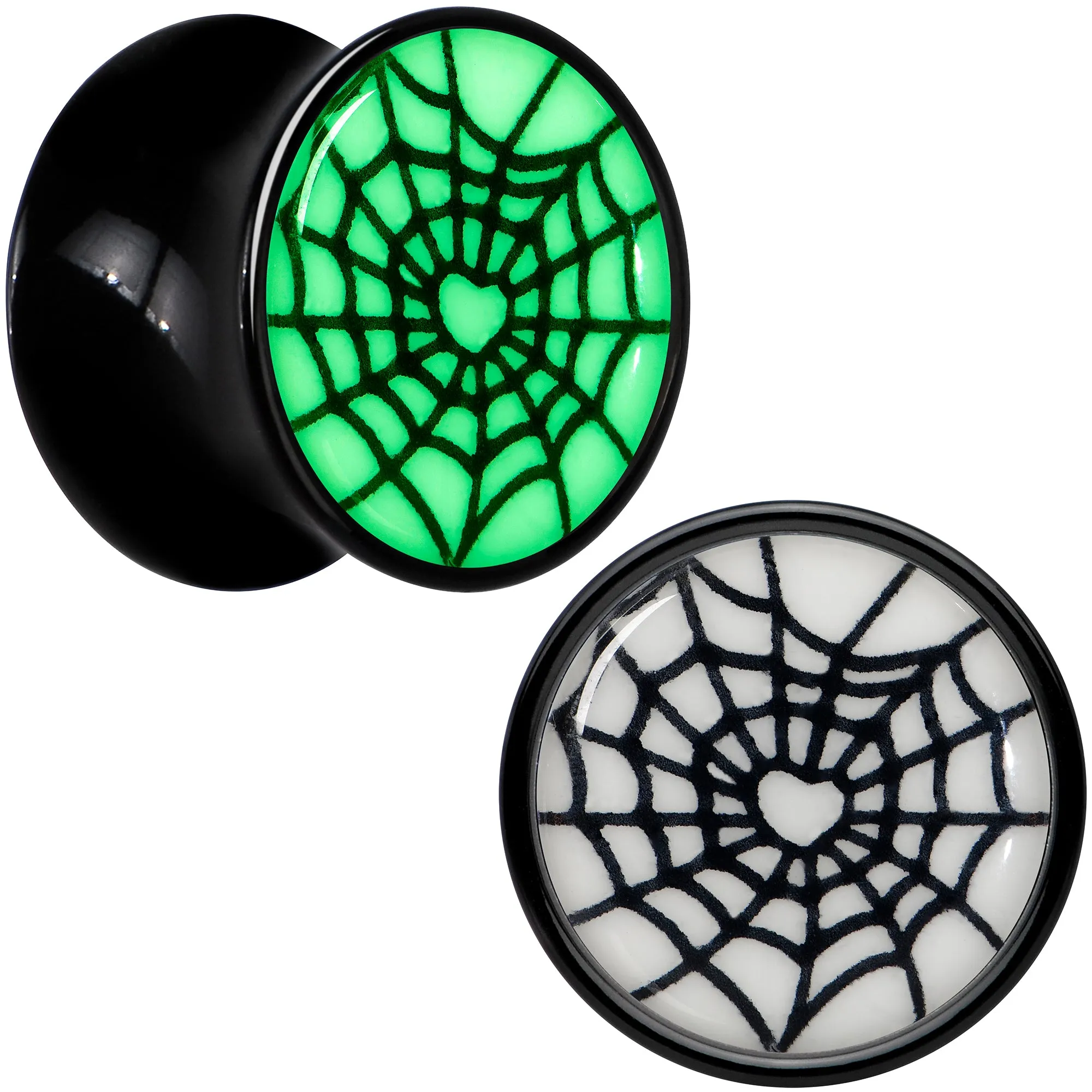 Black Acrylic Heart Spider Web Glow in the Dark Double Flare Plug Set