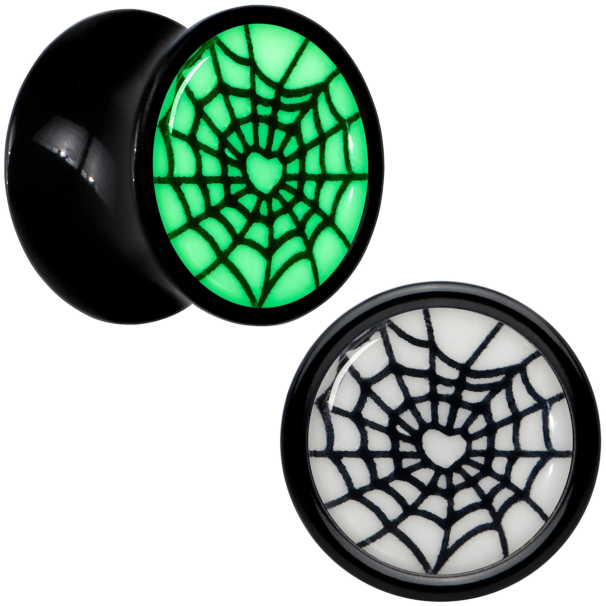 Black Acrylic Heart Spider Web Glow in the Dark Double Flare Plug Set
