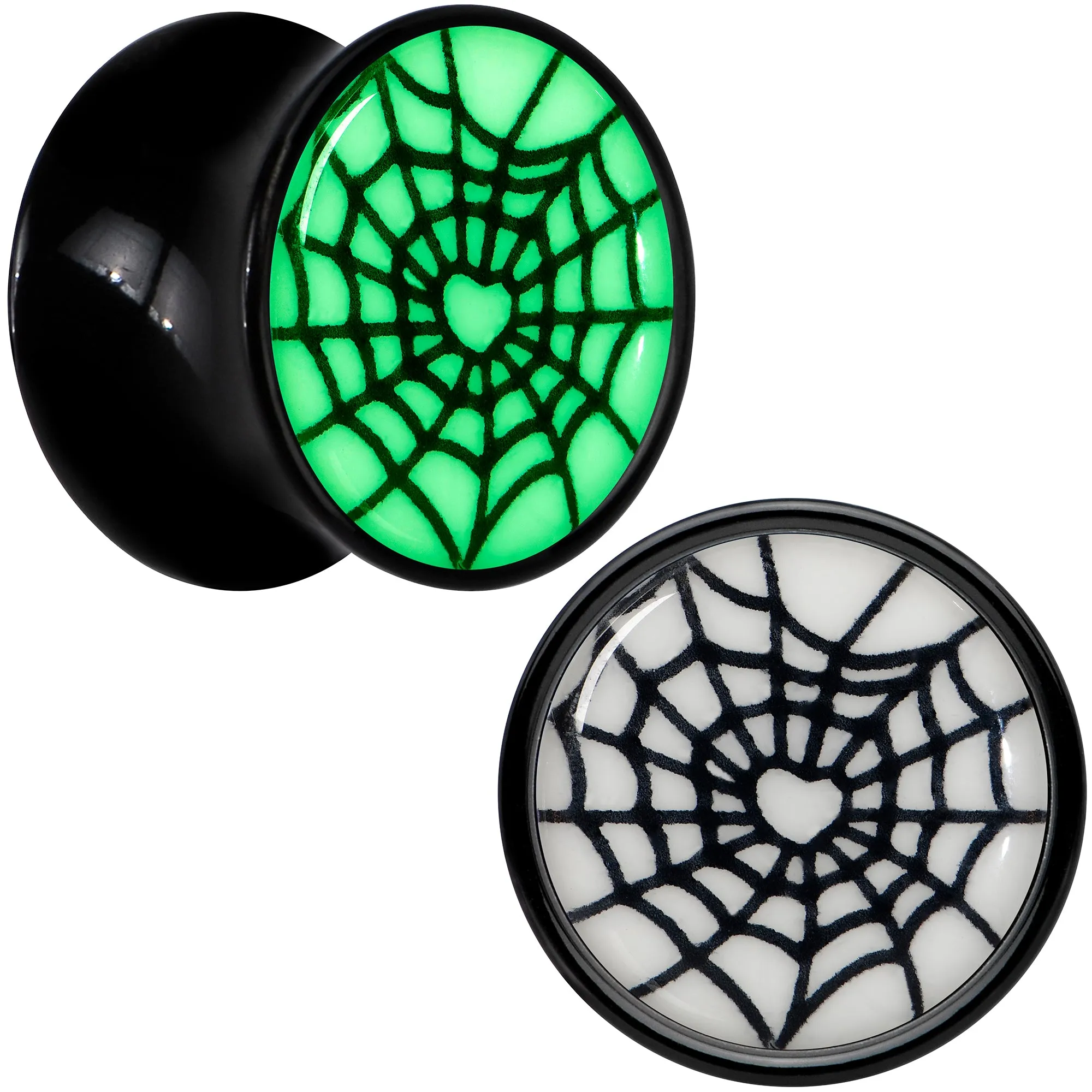 Black Acrylic Heart Spider Web Glow in the Dark Double Flare Plug Set