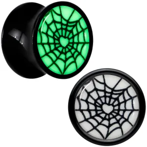 Black Acrylic Heart Spider Web Glow in the Dark Double Flare Plug Set