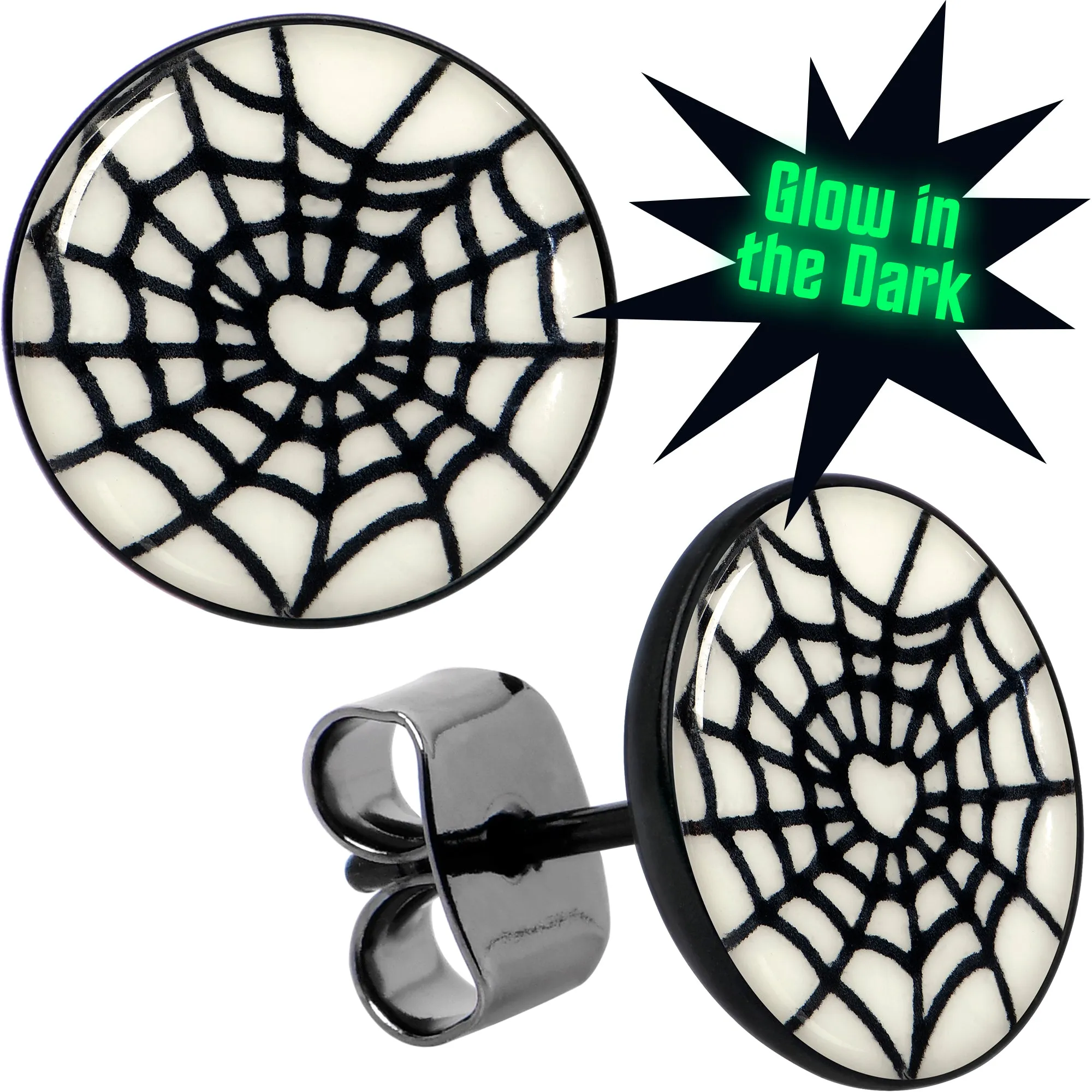 Black Anodized Steel Heart Spider Web Glow in the Dark Stud Earrings