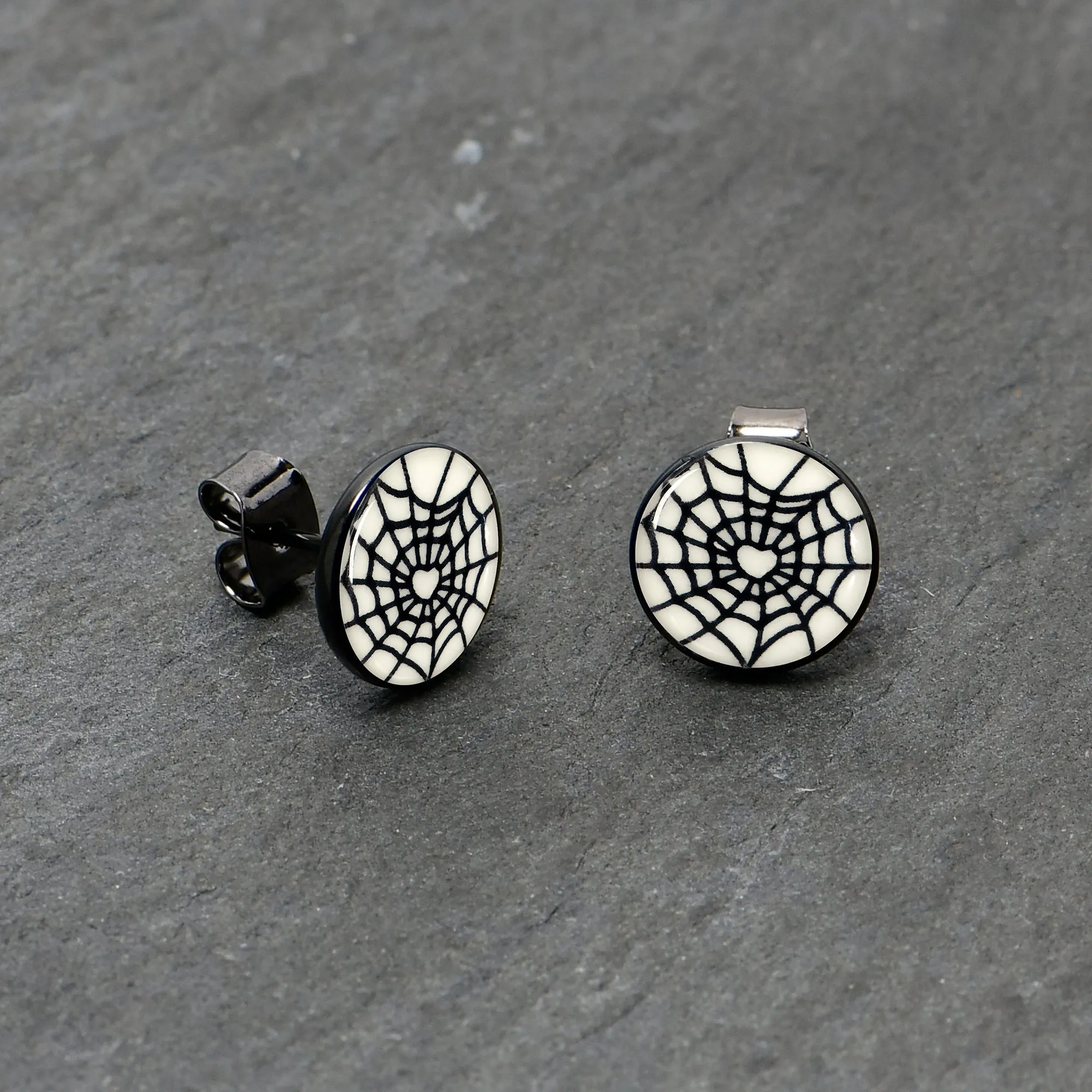Black Anodized Steel Heart Spider Web Glow in the Dark Stud Earrings