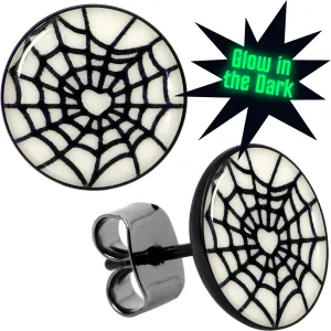 Black Anodized Steel Heart Spider Web Glow in the Dark Stud Earrings