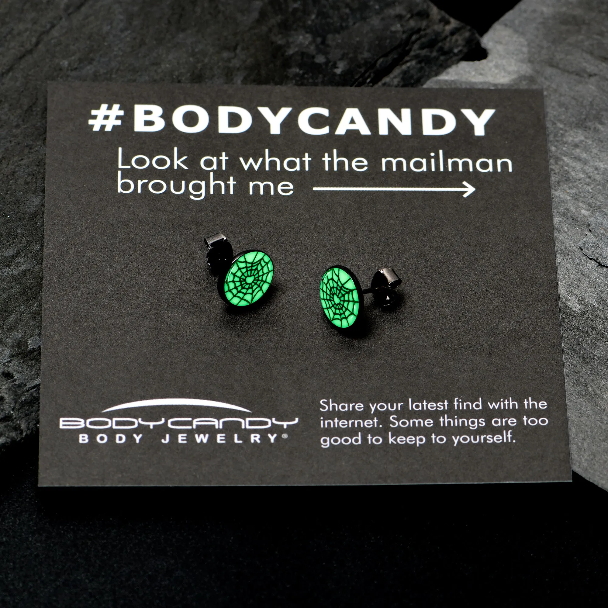 Black Anodized Steel Heart Spider Web Glow in the Dark Stud Earrings
