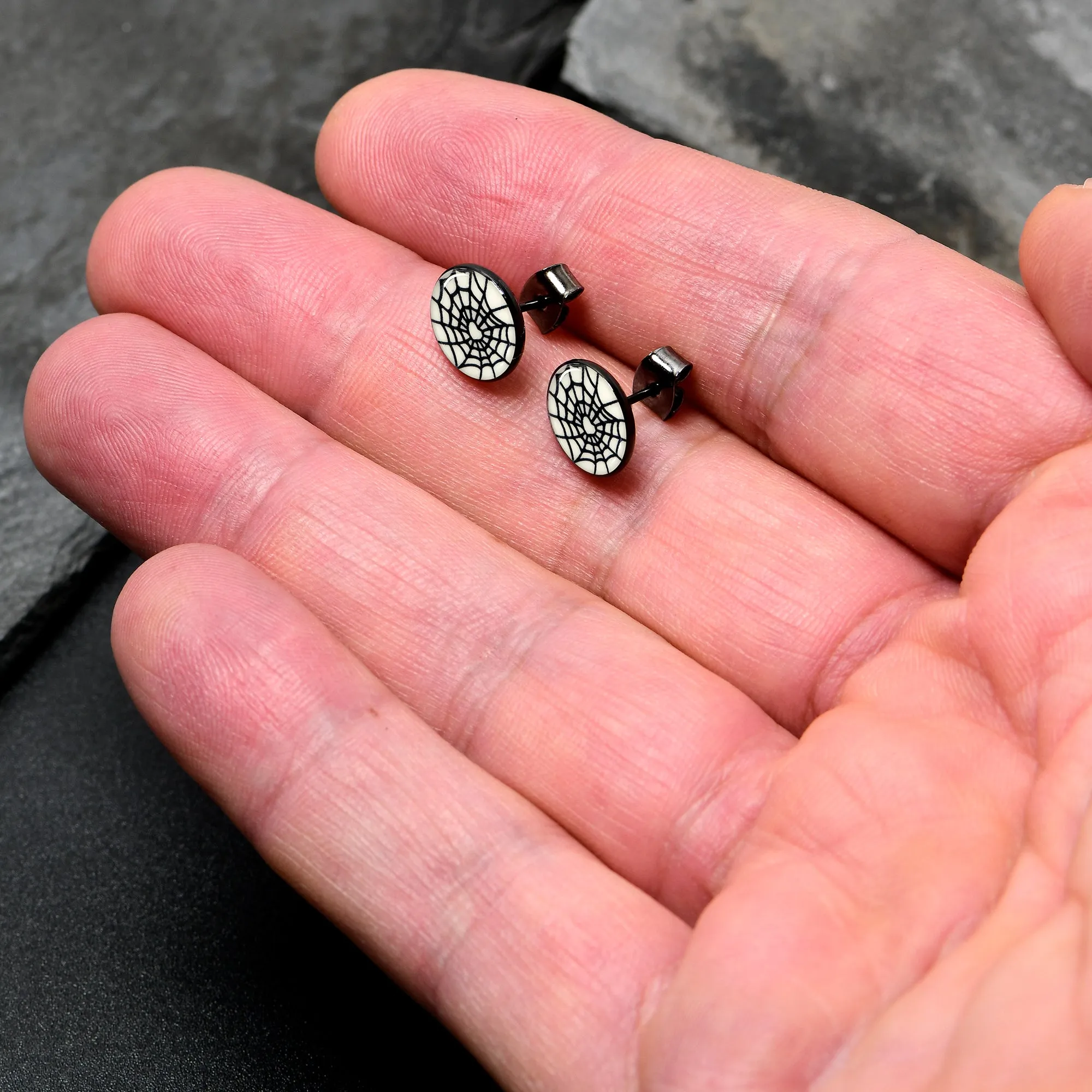 Black Anodized Steel Heart Spider Web Glow in the Dark Stud Earrings