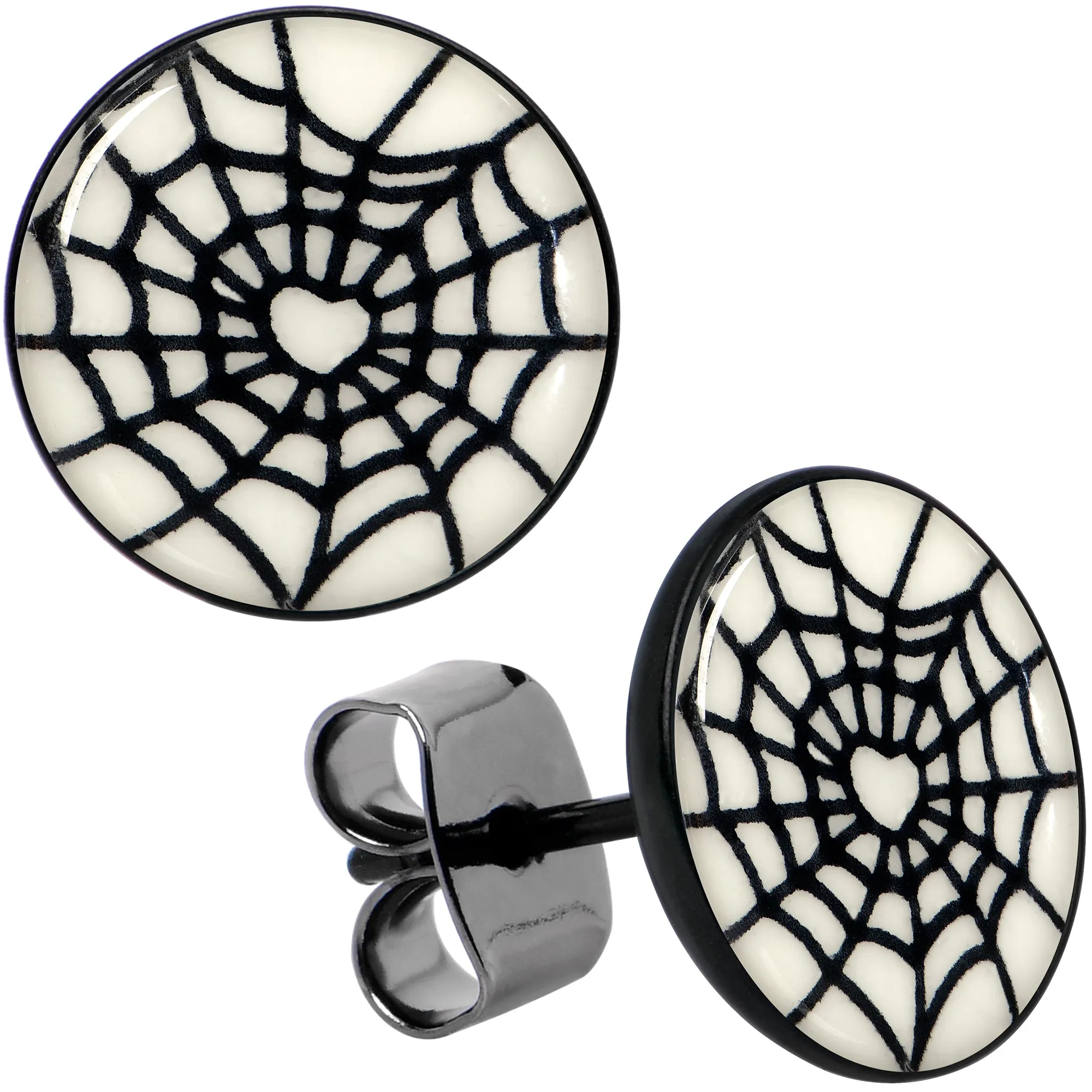 Black Anodized Steel Heart Spider Web Glow in the Dark Stud Earrings