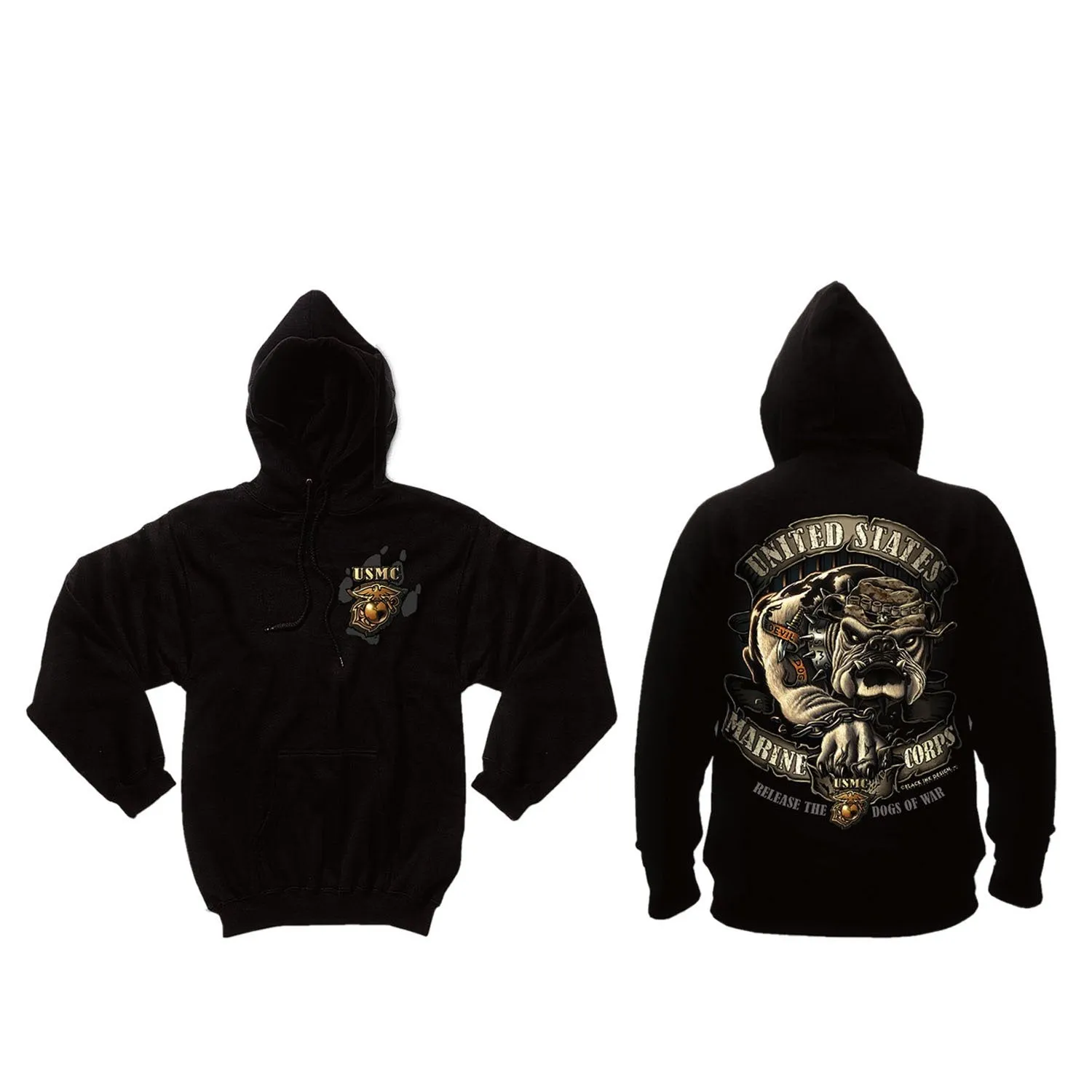 Black Ink U.S.M.C. Bulldog Hooded Pullover Sweatshirt