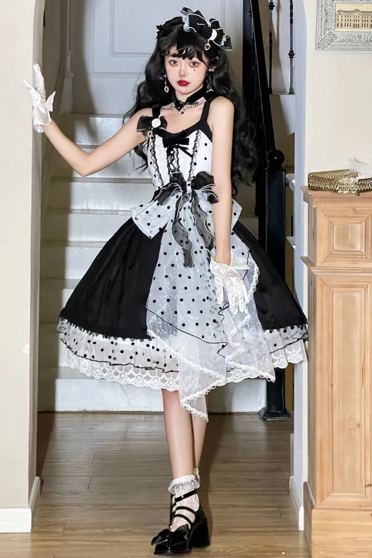 Black [Polka Waltz] Sleeveless Print Bowknot Stitching Lace Gothic Lolita Jsk Dress