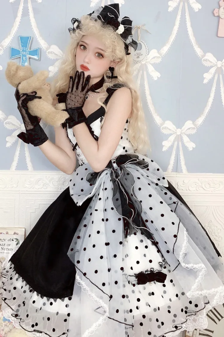 Black [Polka Waltz] Sleeveless Print Bowknot Stitching Lace Gothic Lolita Jsk Dress