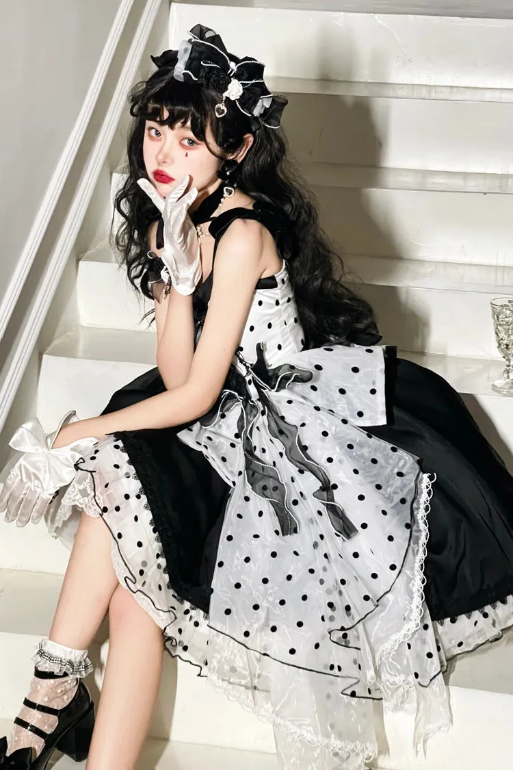 Black [Polka Waltz] Sleeveless Print Bowknot Stitching Lace Gothic Lolita Jsk Dress