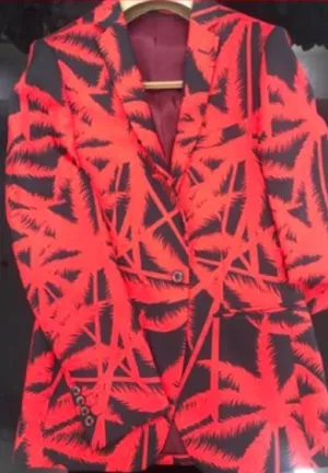 Black With Crimson Red Palm Floral Print Vest